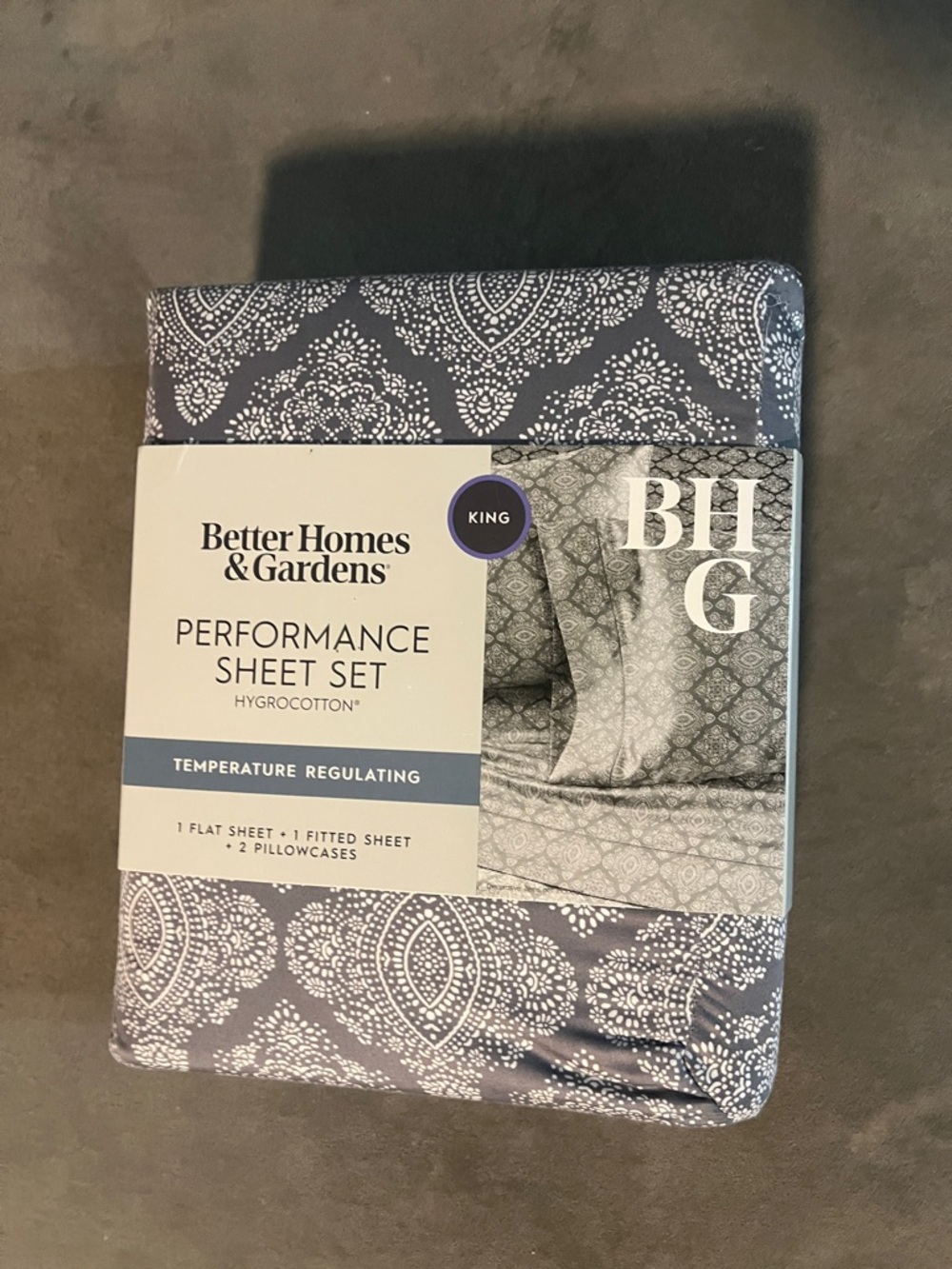 Better Homes And Gardens King Sheet Set in gray and White Medallion Print